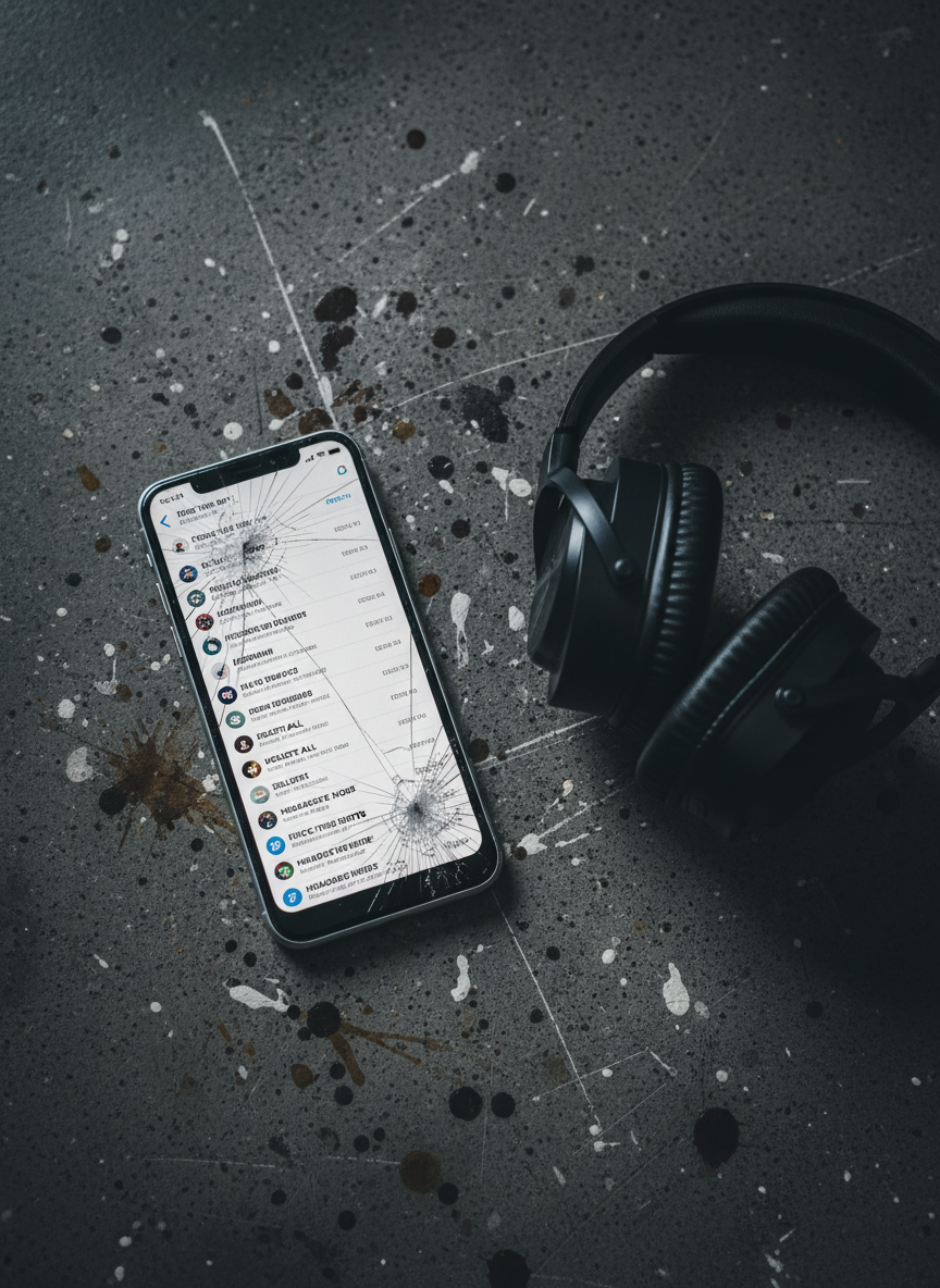 A cracked smartphone screen displaying a chaotic notification list, with blunt, profanity-laced note titles visible, resting on a dark concrete surface dusted with faint scratches and coffee splashes. Beside it, a pair of noise-cancelling headphones lies folded, one earcup tilted as if just ripped off in frustration. Cool, overcast window light from the side creates sharp reflections on the fractured glass and subtle shadows along the concrete’s rough texture. Captured from a tight, overhead photographic angle with the phone slightly off-center using the rule of thirds, the composition feels tense and immediate. The atmosphere is bold, modern, and slightly gritty, embodying digital-age venting and mental overload in a stark, realistic style.