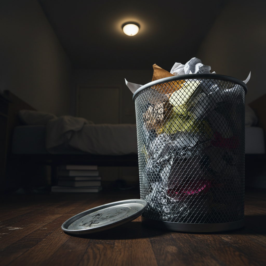 An overflowing metal trash can in the corner of a dim apartment room, crammed with balled-up notebook paper, crumpled sticky notes, and torn envelopes, some edges showing scribbled curse words and half-finished thoughts. A tipped-over wastebasket lid lies nearby on worn hardwood flooring, scratched and imperfect. A single harsh ceiling bulb casts dramatic, almost cinematic shadows that emphasize the chaos and texture of the discarded pages. Shot from a low, side-on perspective in photographic realism, the focus is sharp on the trash can while the room behind fades into a moody blur. The overall mood is cathartic, rebellious, and slightly messy, embodying the release of frustration and the raw process of getting thoughts out.